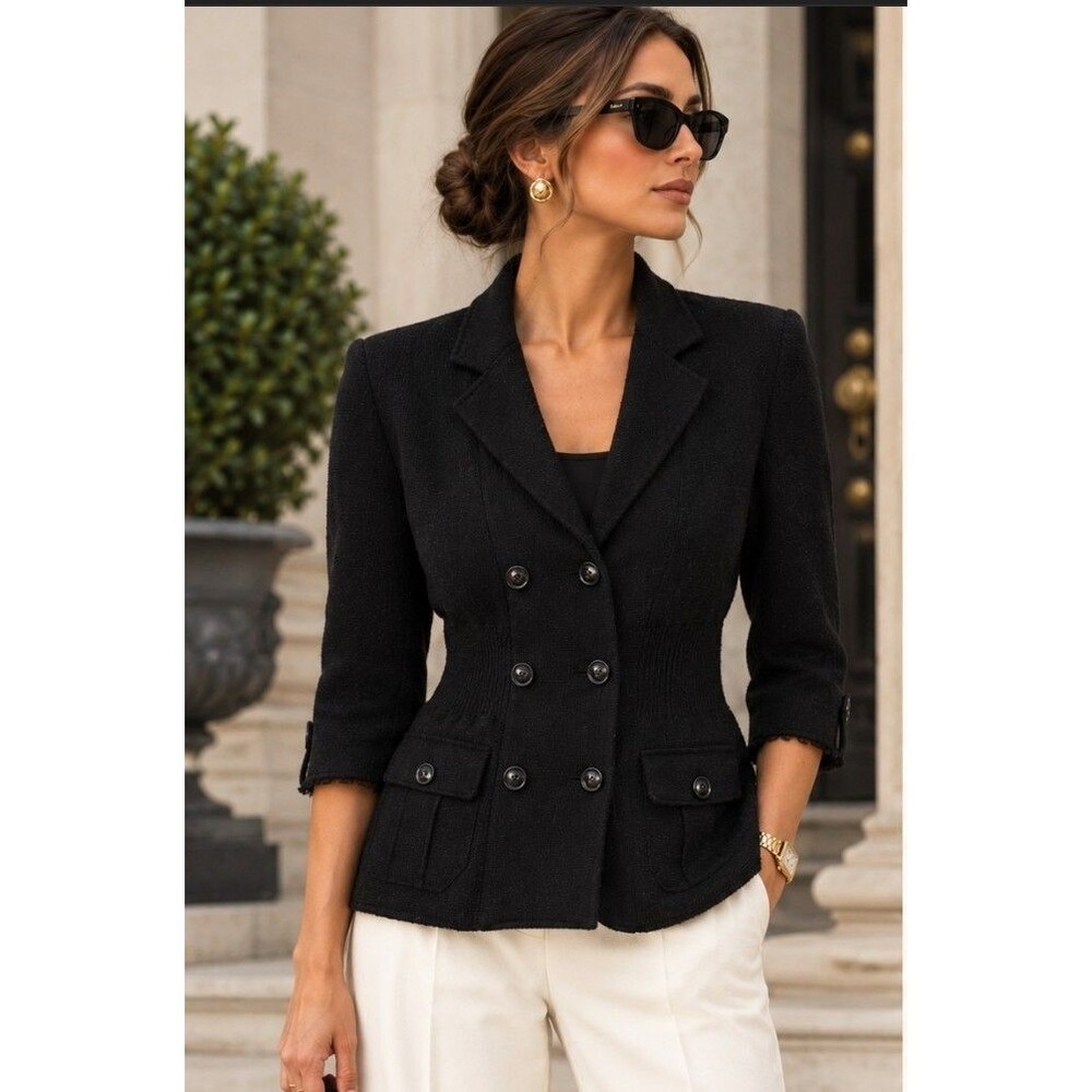 Moschino Chip and Chic Black Virgin Wool 3/4 Sleeve Jacket Blazer Size 10